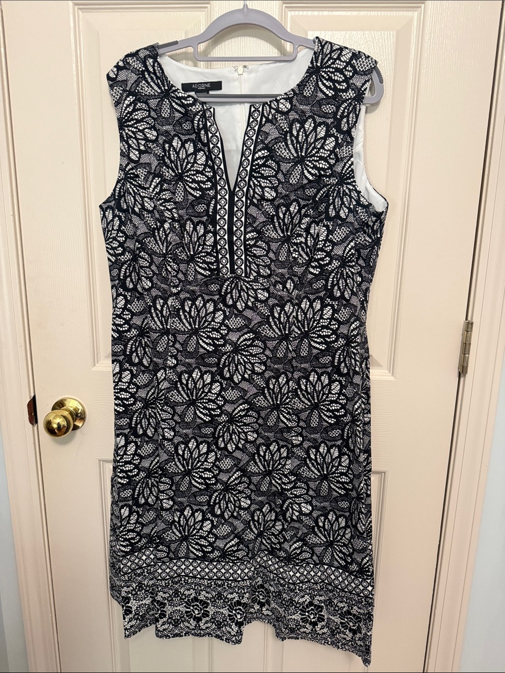 Sleeveless Black & White Floral Lace-Effect Midi Dress by Adrienne